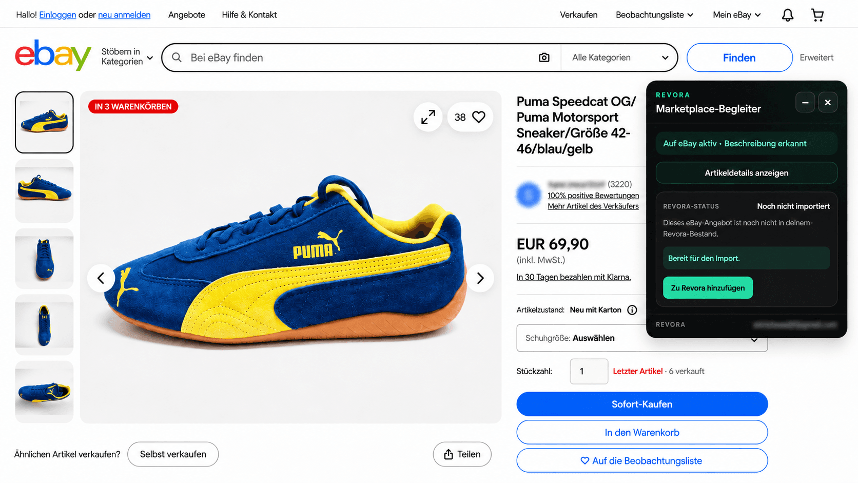 eBay-Listing mit geöffnetem Revora Marketplace-Begleiter und Import-Aktion