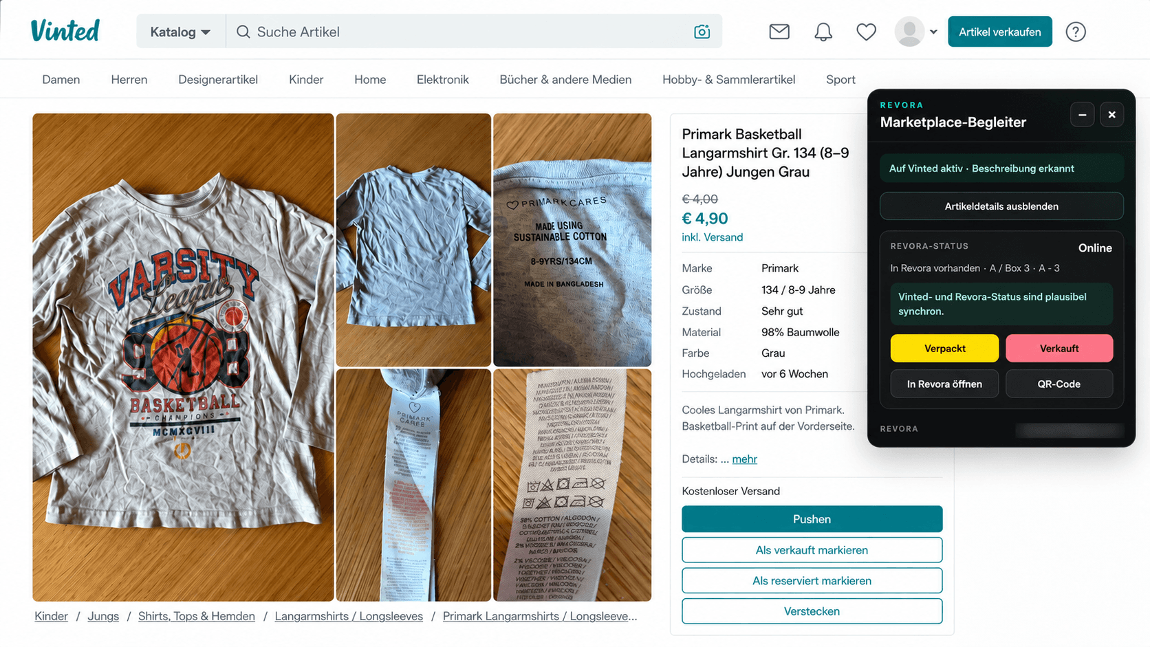 Vinted-Listing mit geöffnetem Revora Marketplace-Begleiter und synchronisiertem Revora-Status