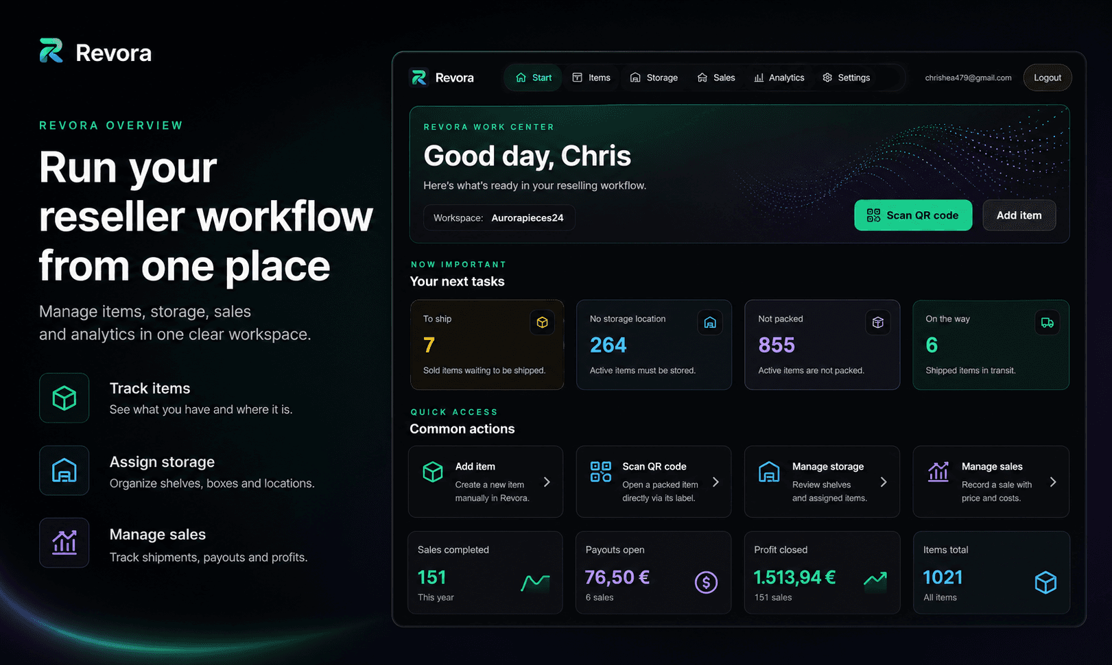 Revora Dashboard mit Bestand, Lager, Verkäufen und Analytics